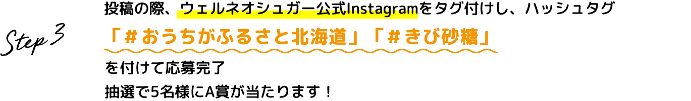 Step.3 投稿の際、ウェルネオシュガー公式Instagramをタグ付けし、ハッシュタグ #おうちがふるさと北海道 #きび砂糖 を付けて応募完了 抽選で5名様にA賞が当たります！