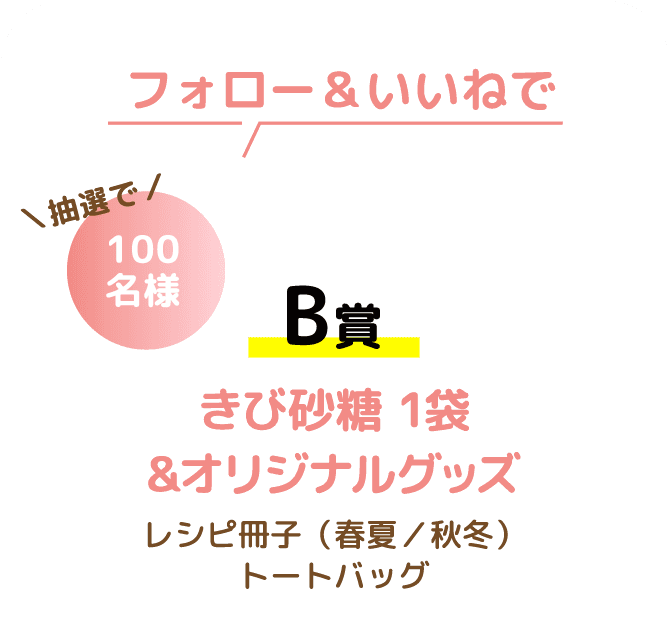 フォロー＆いいねで！抽選で／100名様 B賞 きび砂糖 1袋＆オリジナルグッズレシピ冊子（春夏／秋冬）トートバッグ